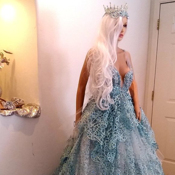 "AMALI" Turquoise & Silver Medieval Goddess Babydoll Wedding Ballgown Set - Picture 3 of 14